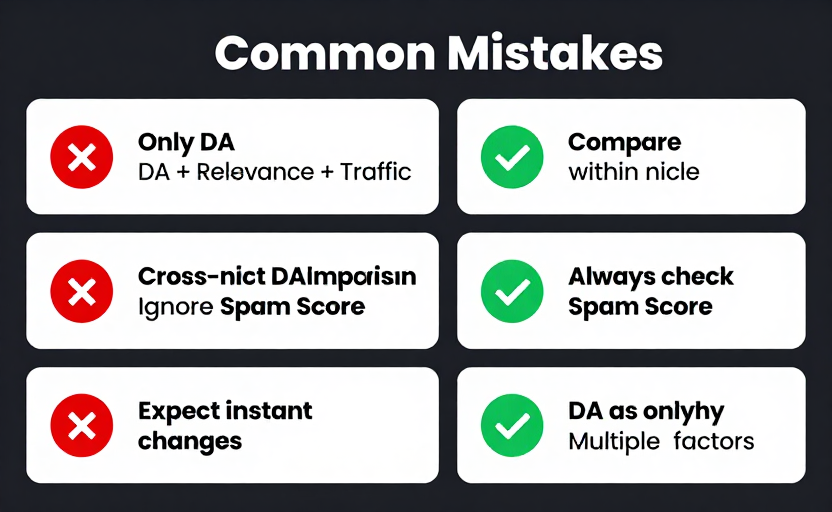 A "Common Mistakes" infographic — 5 mistake/fix pairs shown as cards, each with a red ❌ mistake on the left and a green ✅ fix on the right: (1) "Only DA" → "DA + Relevance + Traffic", (2) "Cross-niche DA comparison" → "Compare within niche", (3) "Ignore Spam Score" → "Always check Spam Score", (4) "Expect instant changes" → "Track monthly", (5) "DA as only criterion" → "Multiple factors". Clean card grid layout, dark background.