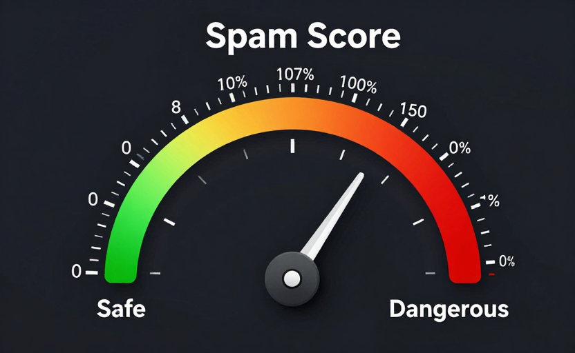  A thermometer or gauge visualization showing Spam Score from 0% (green, "Safe") to 100% (red, "Dangerous"), with gradient color transition. Labeled "Spam Score" at the top. Clean modern design, dark background with red-to-green gradient. 