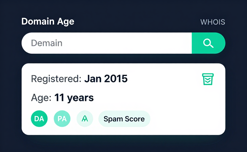 A UI mockup of a domain age checker result. A clean input field with a domain entered, and a result card showing "Registered: Jan 2015" and "Age: 11 years" alongside DA, PA, and Spam Score badges. A small WHOIS/database icon. Dark theme UI, teal (#14b8a6) accents on dark navy (#0f172a). Modern SaaS interface mockup.