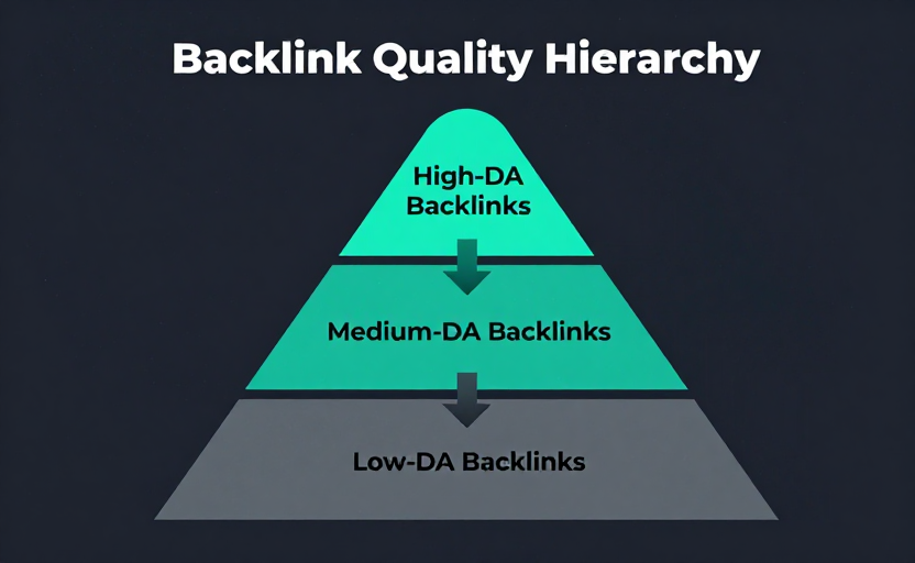 A backlink pyramid / quality hierarchy. Top tier (few, bright teal, large): "High-DA Backlinks". Middle tier: "Medium-DA Backlinks". Bottom tier (many, dim gray, small): "Low-DA Backlinks". Arrows show link equity flowing from top down. Labeled "Backlink Quality Hierarchy". Clean dark background (#0f172a), teal accents. Flat pyramid infographic.