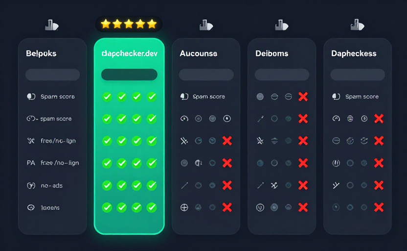 A comparison scoreboard illustration. Five abstract tool cards in a row, each with a name placeholder bar and a row of small metric icons (bulk, spam score, PA, free/no-login, no-ads). The first card (dapachecker.dev) is highlighted in teal with all metric icons lit green/checkmarks; the others have some icons dimmed or marked with red X. Star rating badges above each card, the first with 5 stars. Clean dark background (#0f172a), flat scoreboard infographic style.
