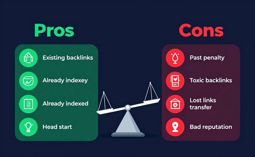 A pros-and-cons illustration for buying aged domains. Left side (green, "Pros"): icons for existing backlinks, already indexed, head start. Right side (red, "Cons"): icons for past penalty, toxic backlinks, lost links after transfer, bad reputation. A balance scale in the center tipping slightly. Clean dark background (#0f172a), green/red accents. Flat two-column infographic.