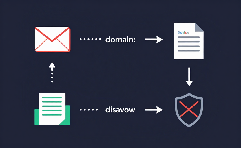 A 3-step disavow flow. Step 1: a hand/email icon asking a site owner to remove a link (manual removal attempt). Step 2: a text-file document icon listing toxic domains ("domain:..."). Step 3: a "Google Search Console" / disavow upload icon receiving the file, with a shield marking those links as "ignored" (struck-through) while clean links remain. Dotted arrows connect steps. Clean dark background (#0f172a), red for toxic / green for kept, teal accents. Flat step-by-step diagram.