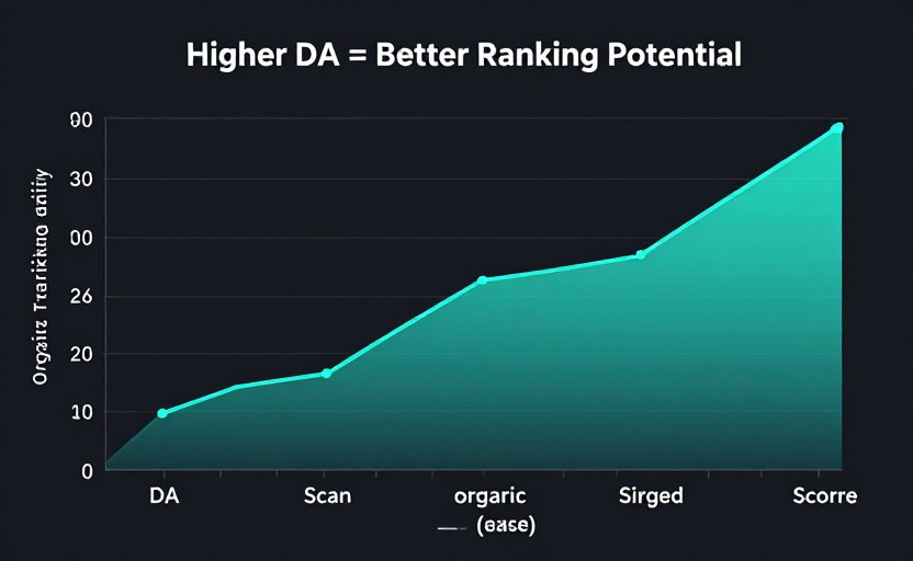 A correlation chart showing the relationship between DA score (x-axis) and organic traffic/ranking ability (y-axis), with an upward trend line. Labeled "Higher DA = Better Ranking Potential". Clean data visualization style, dark background with teal gradient line. 