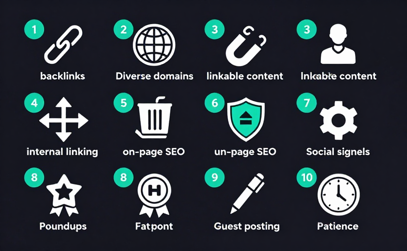 A numbered list infographic showing 10 strategies as icons in a 2x5 grid layout: (1) chain link icon for backlinks, (2) globe/diversity icon for diverse domains, (3) magnet icon for linkable content, (4) internal arrows icon for internal linking, (5) shield/trash icon for removing toxic links, (6) gear icon for on-page SEO, (7) social share icon for social signals, (8) star/award icon for roundups, (9) pen icon for guest posting, (10) clock icon for patience. Clean flat design, dark background with teal accents.