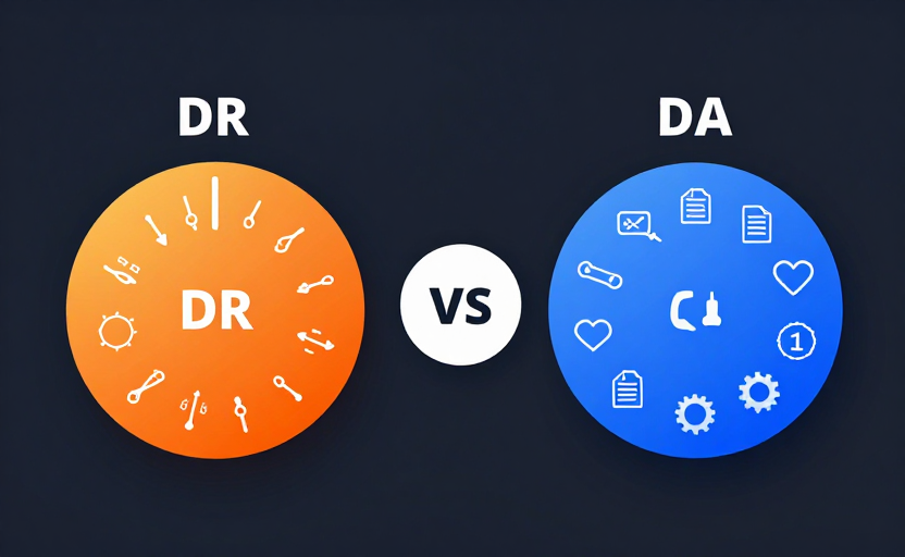 A versus-style comparison of Domain Rating (DR) vs Domain Authority (DA). Left side in Ahrefs orange: a "DR" gauge fed only by link/backlink icons (purely links). Right side in Moz blue: a "DA" gauge fed by multiple icon types — links, content document, engagement heart, on-page gear (many factors). A "VS" badge in the center. Clean dark background (#0f172a), flat versus-layout infographic, minimal text.