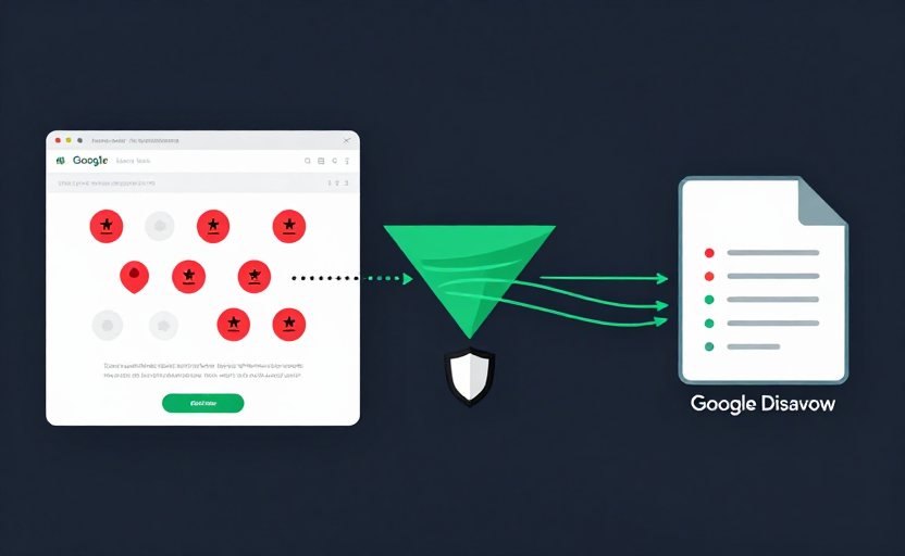 A flow illustration of the disavow process. On the left, a website receiving many inbound links — some marked with red toxic-warning badges. A filter funnel in the middle labeled with a shield catches the toxic links. On the right, a "Google Disavow" document/file icon receiving the filtered toxic links, with clean (non-toxic) links passing through to the site in green. Dotted arrows show the flow. Clean dark background (#0f172a), red for toxic / green for safe, teal accents. Flat diagram style.