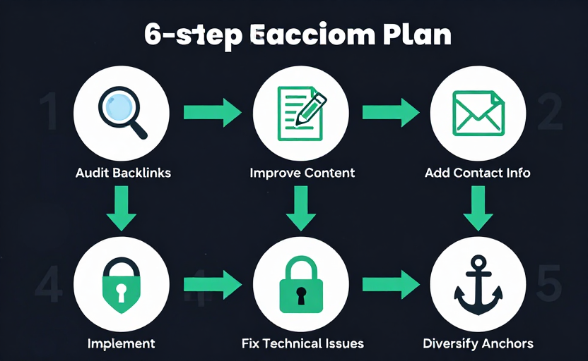  A 6-step action plan infographic for reducing Spam Score — shown as a numbered vertical or circular flow: (1) Audit Backlinks (magnifying glass icon), (2) Improve Content (document/pencil icon), (3) Add Contact Info (address book icon), (4) Implement HTTPS (lock icon), (5) Fix Technical Issues (wrench icon), (6) Diversify Anchors (anchor/diversity icon). Each step with a green arrow pointing down to the next. Clean step-by-step layout, dark background with teal accents. 