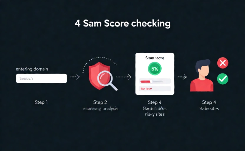 4-step process flow showing how to check spam score for a website