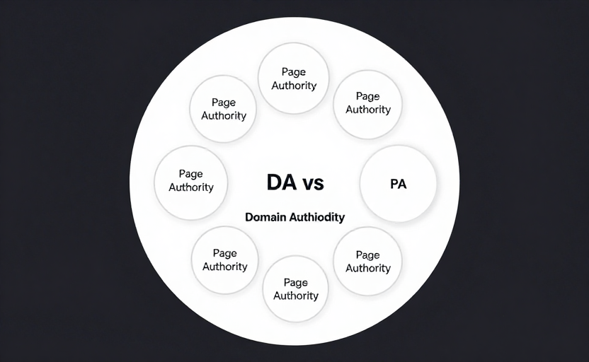  A visual comparison of DA vs PA — a large circle labeled "Domain Authority" representing the whole website, with smaller circles inside representing individual pages, each with their own "Page Authority" score. Some page circles are larger (high PA) and some smaller (low PA), illustrating that PA varies per page even on a high-DA domain. Clean diagram style, dark background. 