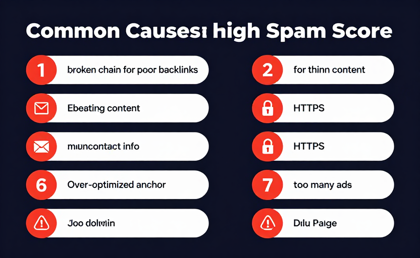  An 8-item checklist infographic showing common causes of high Spam Score — each item with a red warning icon and short label: (1) broken chain for poor backlinks, (2) thin page icon for thin content, (3) missing envelope for no contact info, (4) unlocked padlock for no HTTPS, (5) suspicious domain icon, (6) over-optimized anchor icon, (7) too many ads icon, (8) duplicate pages icon. Clean grid layout, dark background with red/orange accents. 