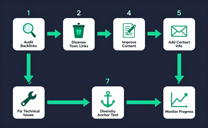 An 8-step numbered action-plan infographic for reducing Spam Score, arranged in a flowing path. Each step is an icon card: (1) magnifying glass — Audit Backlinks, (2) trash/disavow — Disavow Toxic Links, (3) document/pencil — Improve Content, (4) envelope — Add Contact Info, (5) padlock — Implement HTTPS, (6) wrench — Fix Technical Issues, (7) anchor — Diversify Anchor Text, (8) line chart — Monitor Progress. Green downward arrows linking the steps. Clean dark background (#0f172a), teal accents. Flat step-by-step layout.