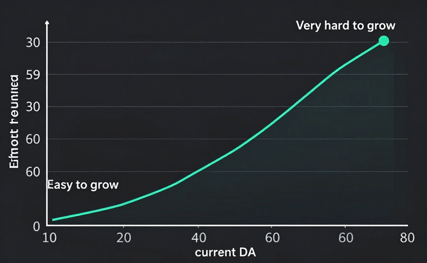  A logarithmic difficulty curve showing that DA improvement gets harder at higher levels — x-axis shows current DA (10, 20, 40, 60, 80), y-axis shows effort/time required. The curve rises steeply as DA increases, with annotations like "Easy to grow" at the low end and "Very hard to grow" at the high end. Clean data visualization, dark background with teal line. 