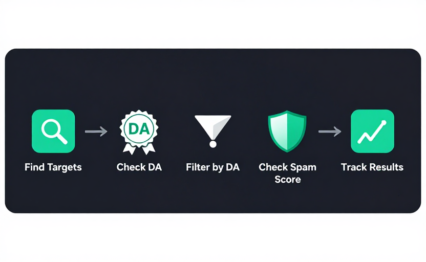 A 5-step guest posting workflow using DA PA Checker — shown as a horizontal process: (1) "Find Targets" (search/magnifier icon), (2) "Check DA" (DA score badge icon), (3) "Filter by DA" (funnel icon), (4) "Check Spam Score" (shield icon), (5) "Track Results" (line chart icon). Each step connected by arrows. Clean process flow, dark background with teal accents.