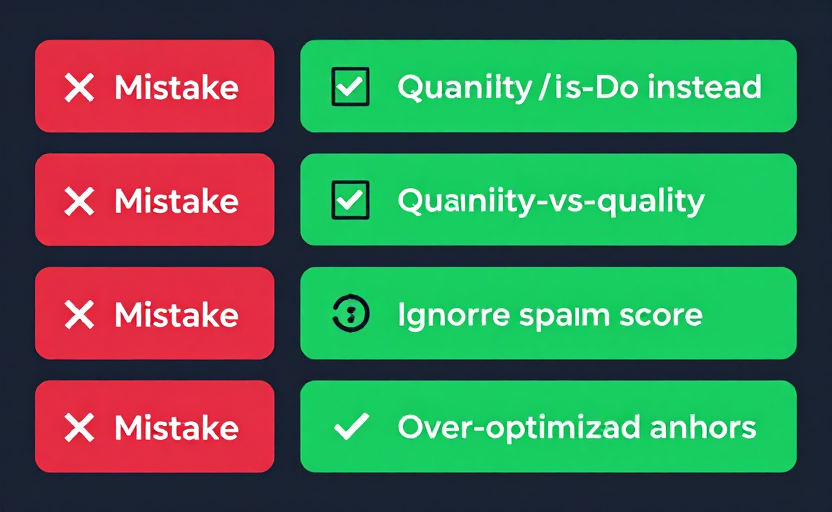 A myth-vs-reality / mistakes infographic with 4 rows. Each row shows a red "❌ Mistake" card on the left and a green "✅ Do instead" card on the right, with small icons: quantity-vs-quality, money/buying links, ignoring spam score, over-optimized anchors. Clean card-based layout, dark background (#0f172a), red/green accents. Flat design.