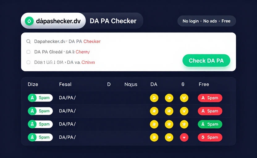 A UI mockup of the dapachecker.dev DA PA Checker. A textarea with multiple URLs listed, a "Check DA PA" button, and a results table below with rows of colored DA/PA/Spam badges (green, yellow, red). "No login · No ads · Free" badges in the corner. Dark theme UI, teal (#14b8a6) accents on dark navy (#0f172a). Modern clean SaaS interface mockup.